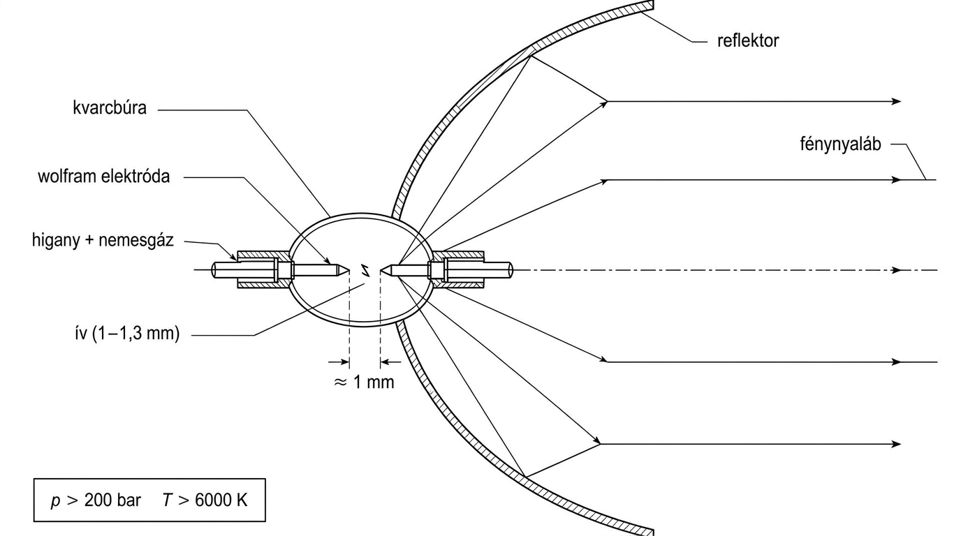 Rövid ívű, nagy nyomású higanygőz-kisülőlámpa metszeti ábrája: kvarcbura, wolfram elektródák ~1 mm ívközzel, reflektor és kilépő fénynyaláb