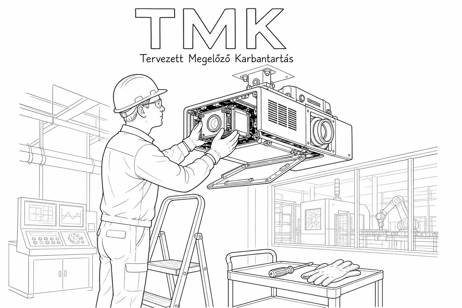 TMK – tervezett megelőző karbantartás: ipari vetítő lámpamoduljának szervizelése — vonalrajz illusztráció